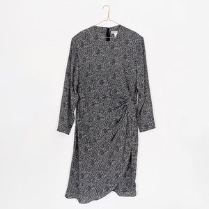 80s VTG glam confetti print dress - long sleeve black white faux wrap